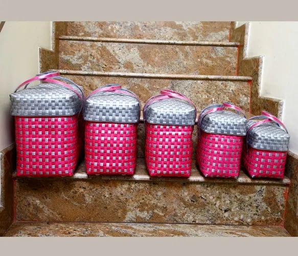 Chettinad Pink and Grey  Regular Baskets With Lid-Set of 5